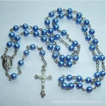 Glass Imitation Pearl Religious Cross Necklace-Rosary